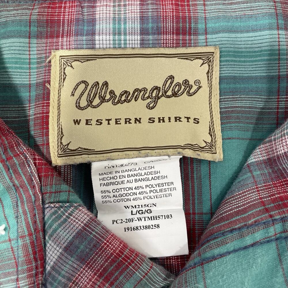 VTG Wrangler Shirt Men’s Large Green Red White Plaid Western Pearl Snap Cowboy